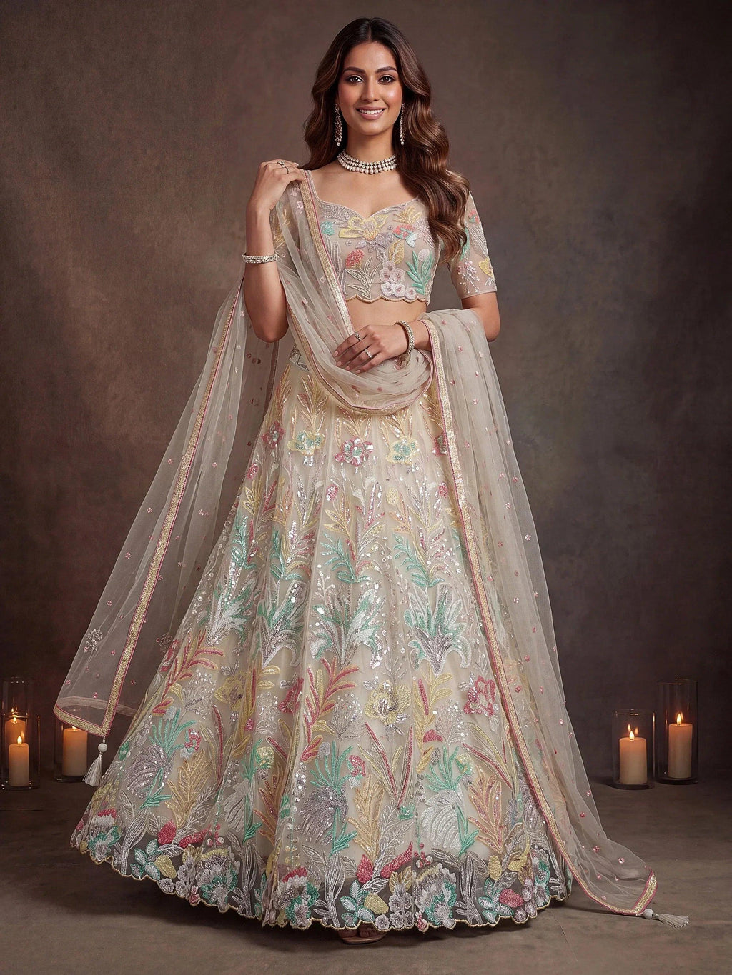 Tulsi Art Majestic Off-White Sequins Net Party Wear Lehenga Choli | Grocsy
