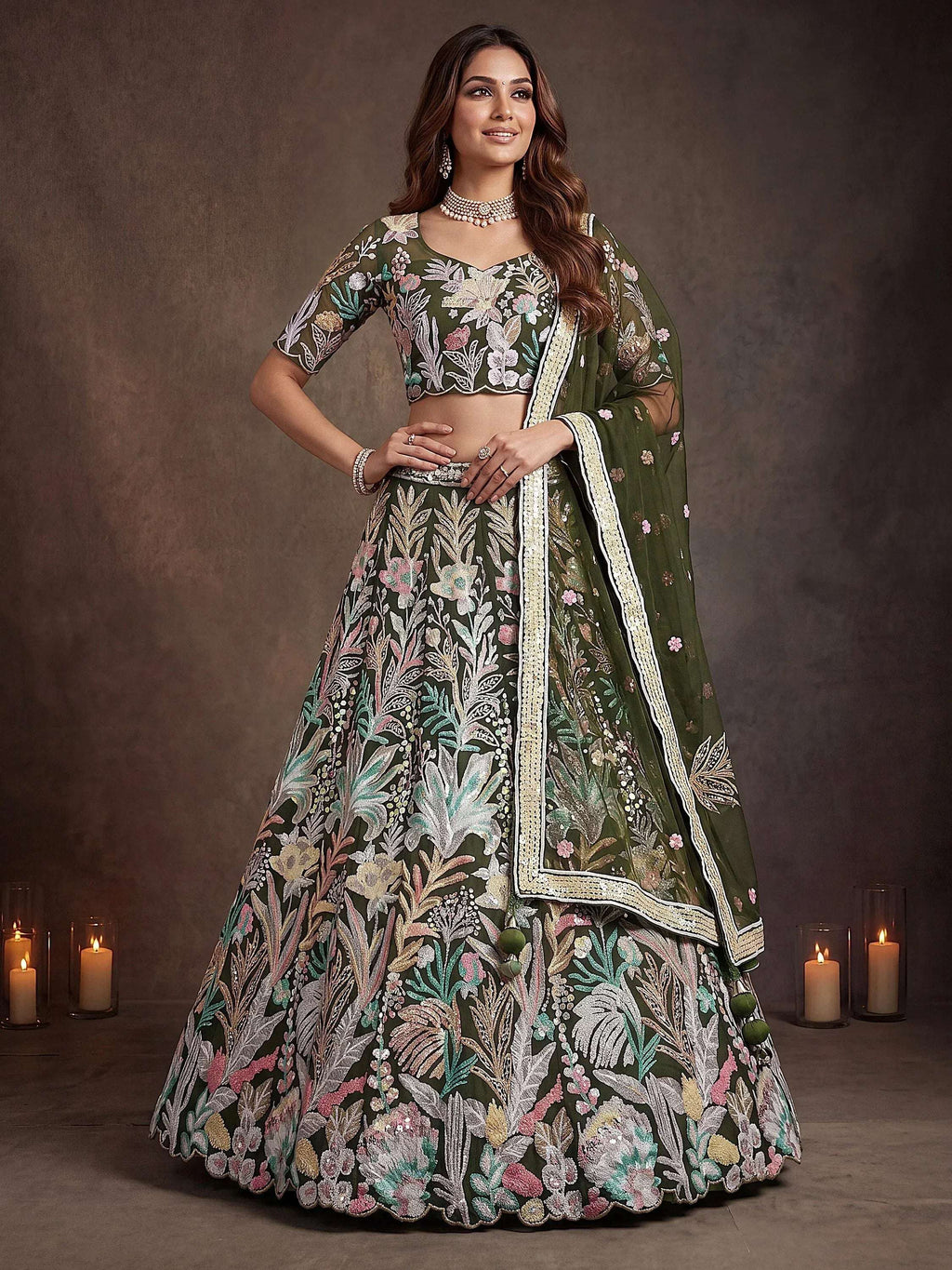 Tulsi Art Adorning Green Sequins Net Reception Wear Lehenga Choli With Dupatta | Grocsy