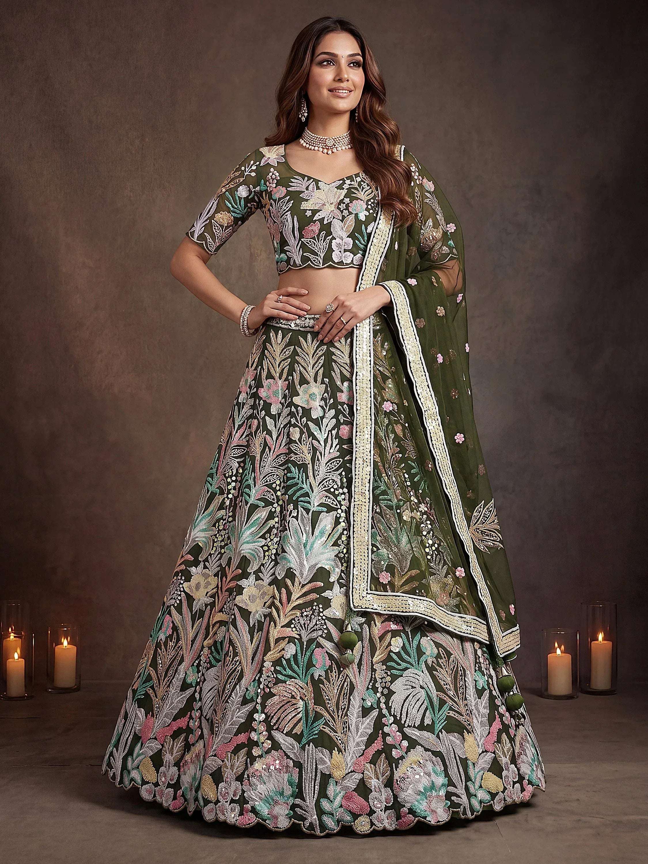 Tulsi Art Adorning Green Sequins Net Reception Wear Lehenga Choli With Dupatta | Grocsy