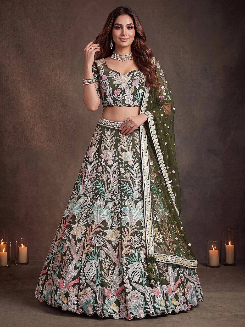 Tulsi Art Adorning Green Sequins Net Reception Wear Lehenga Choli With Dupatta | Grocsy