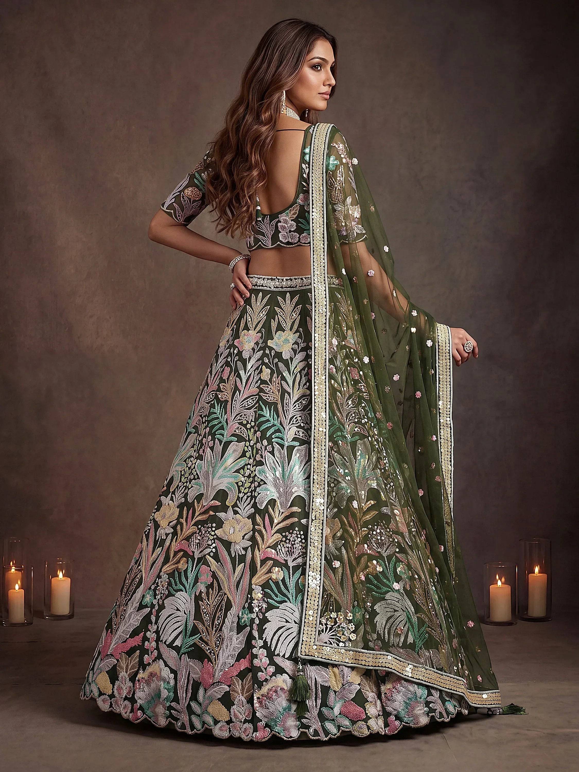 Tulsi Art Adorning Green Sequins Net Reception Wear Lehenga Choli With Dupatta | Grocsy