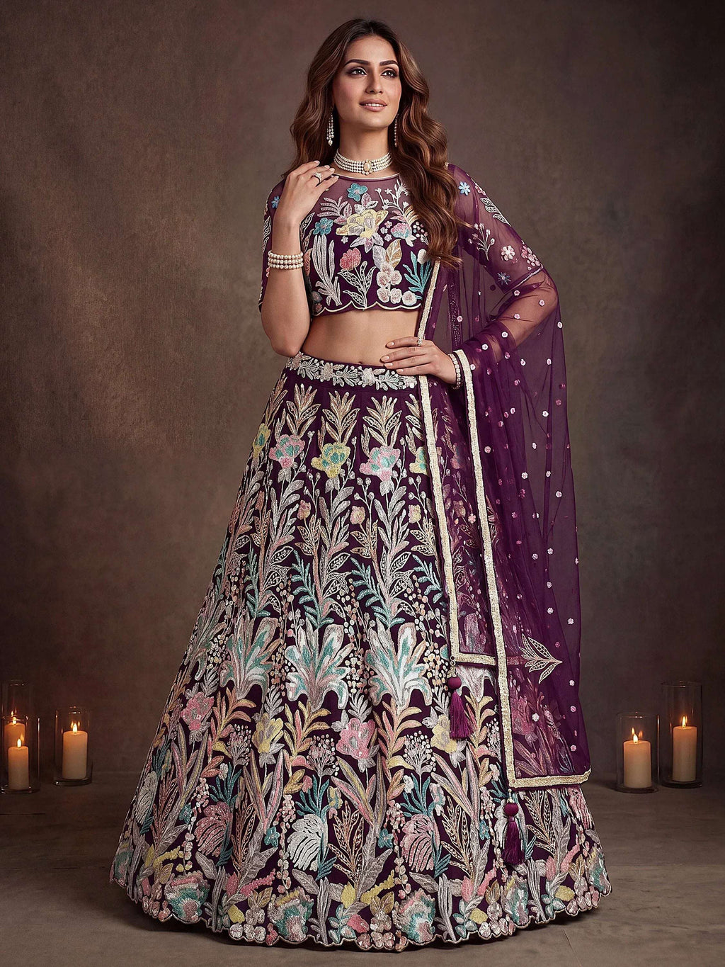 Tulsi Art Awesome Wine Sequins Net Reception Wear Lehenga Choli With Dupatta | Grocsy