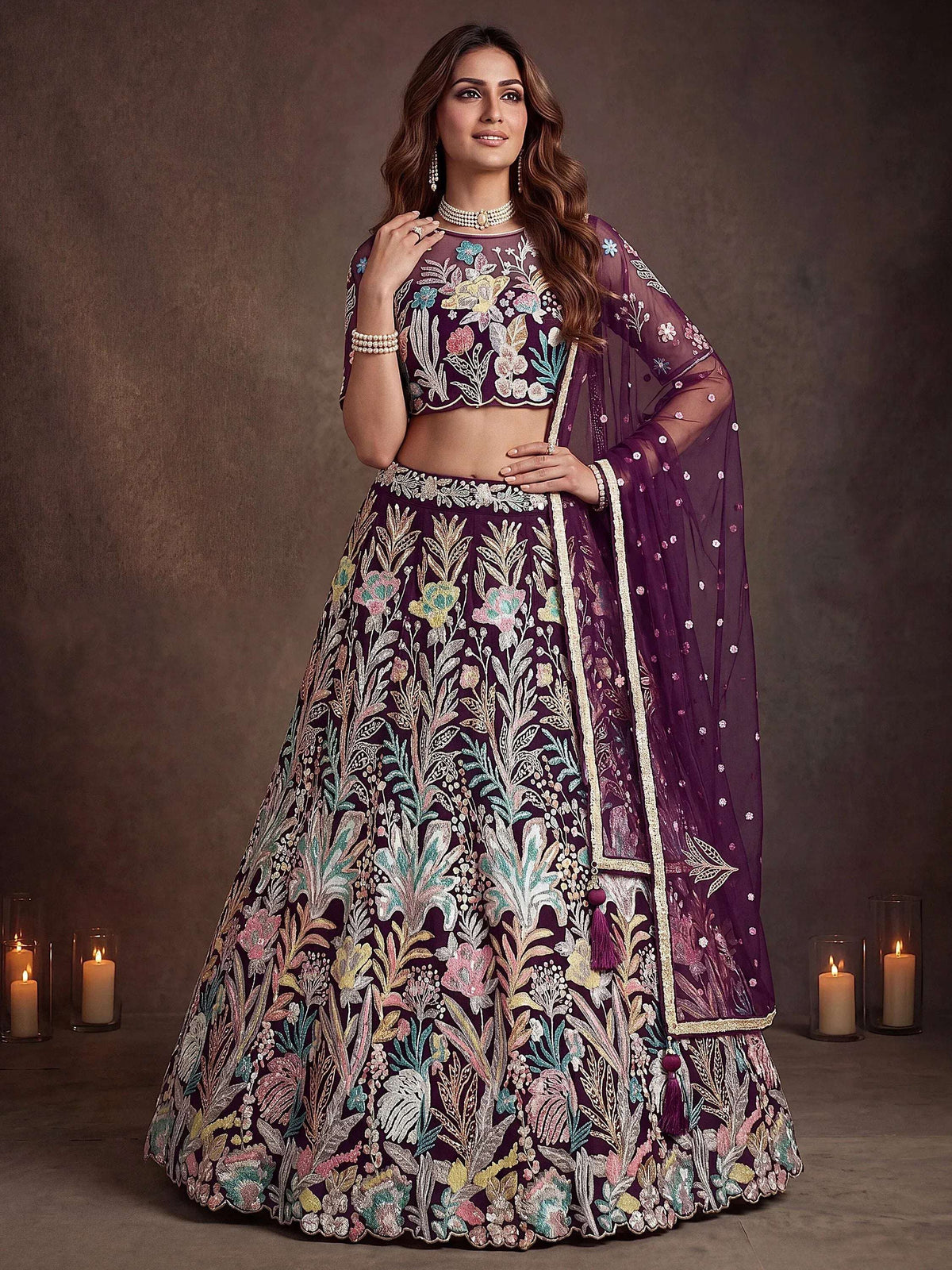 Tulsi Art Awesome Wine Sequins Net Reception Wear Lehenga Choli With Dupatta | Grocsy