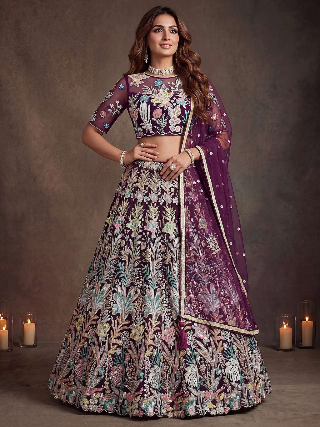 Tulsi Art Awesome Wine Sequins Net Reception Wear Lehenga Choli With Dupatta | Grocsy