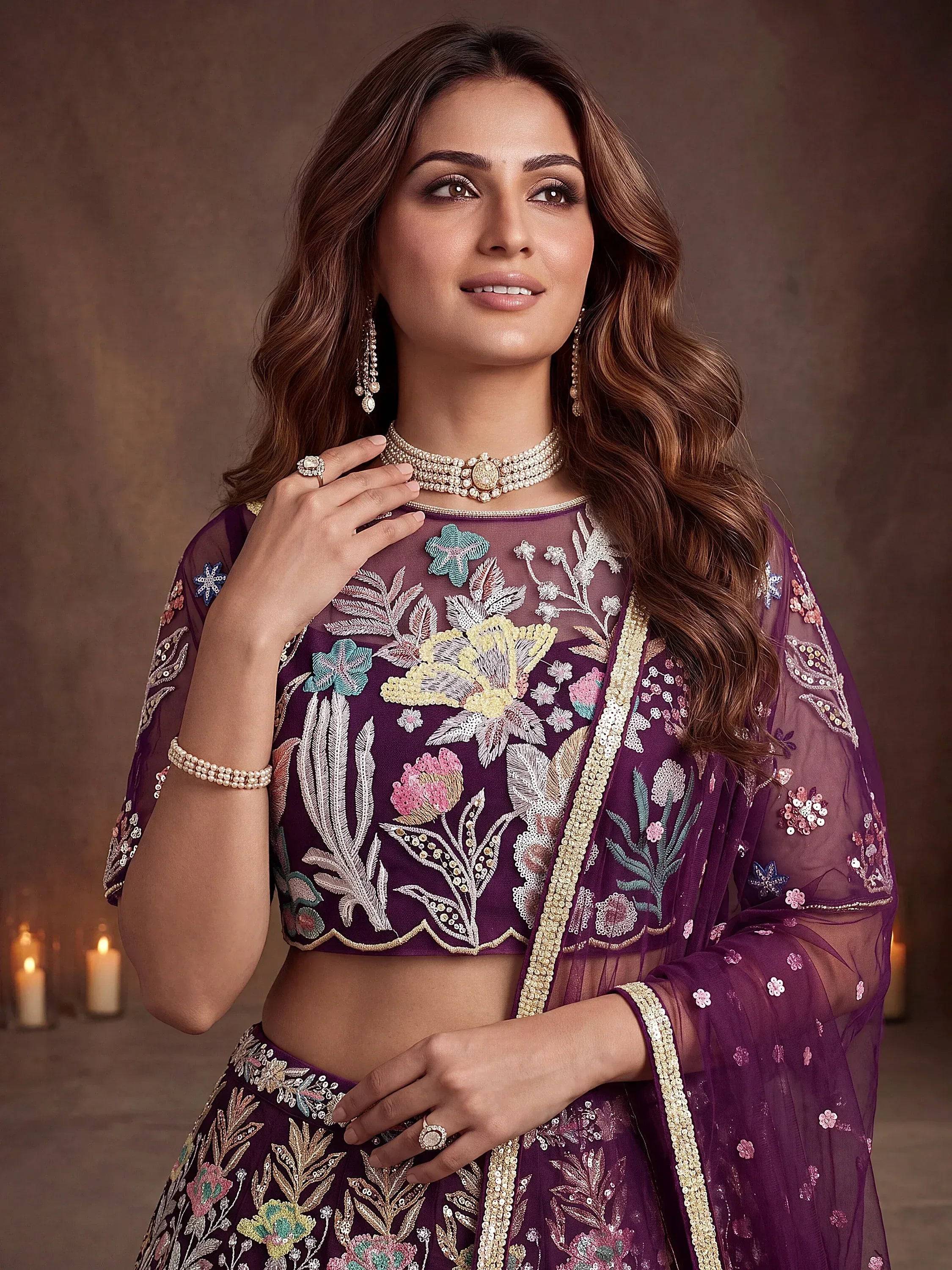 Tulsi Art Awesome Wine Sequins Net Reception Wear Lehenga Choli With Dupatta | Grocsy