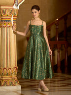 Monjolika Fashion Green Jacquard Zari Weaving A-Line Dress for Women | Grocsy