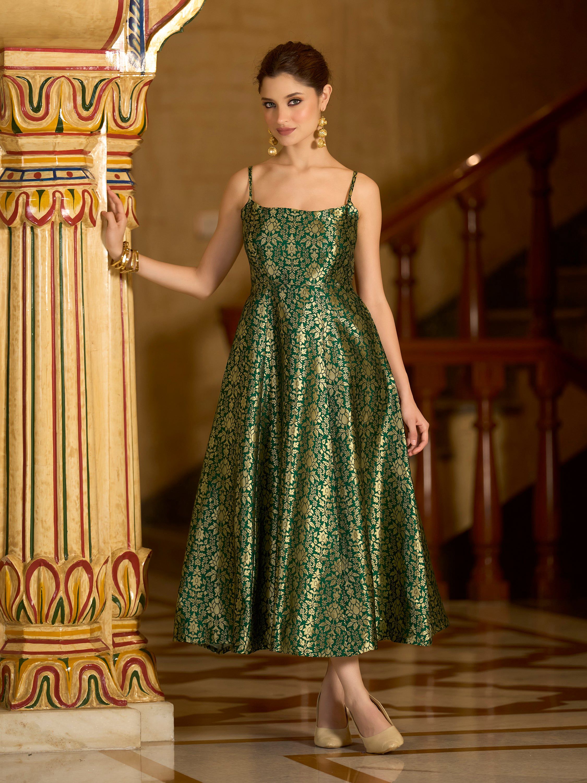 Monjolika Fashion Green Jacquard Zari Weaving A-Line Dress for Women | Grocsy