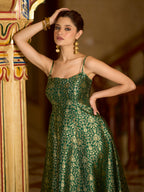 Monjolika Fashion Green Jacquard Zari Weaving A-Line Dress for Women | Grocsy