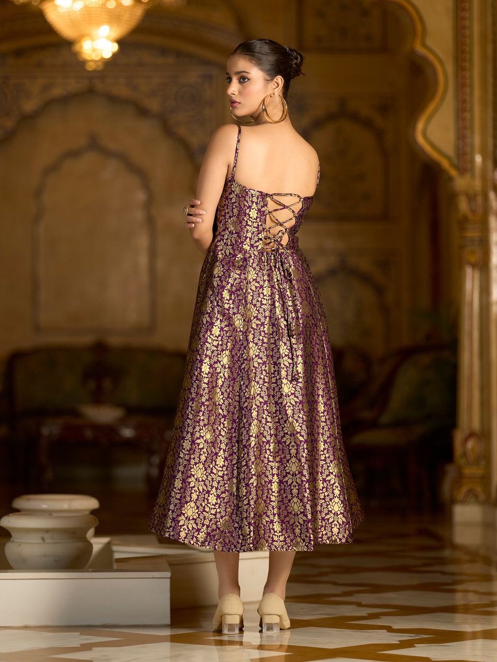 Monjolika Fashion Wine Jacquard Zari Weaving A-Line Dress for Women | Grocsy