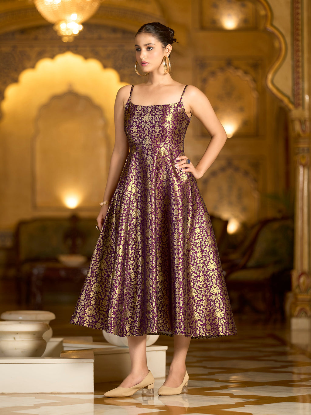 Monjolika Fashion Wine Jacquard Zari Weaving A-Line Dress for Women | Grocsy