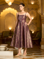 Monjolika Fashion Wine Jacquard Zari Weaving A-Line Dress for Women | Grocsy