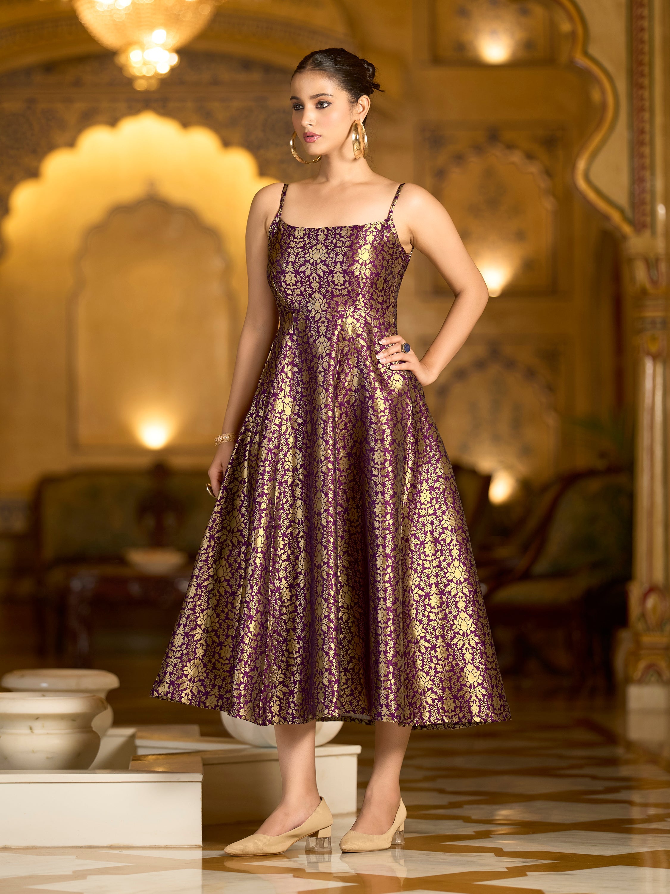 Monjolika Fashion Wine Jacquard Zari Weaving A-Line Dress for Women | Grocsy