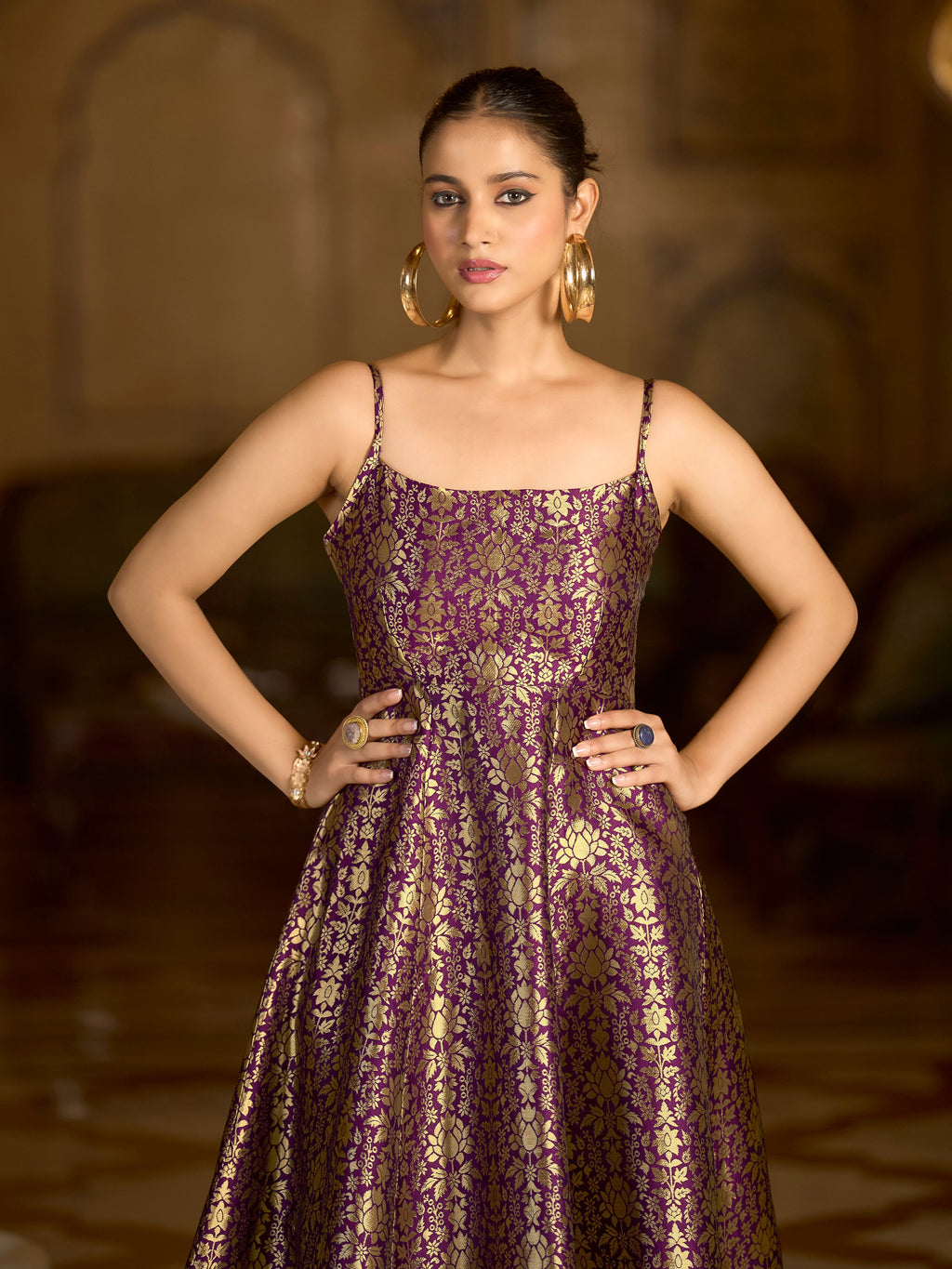 Monjolika Fashion Wine Jacquard Zari Weaving A-Line Dress for Women | Grocsy