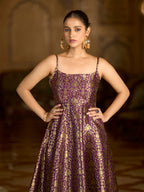 Monjolika Fashion Wine Jacquard Zari Weaving A-Line Dress for Women | Grocsy