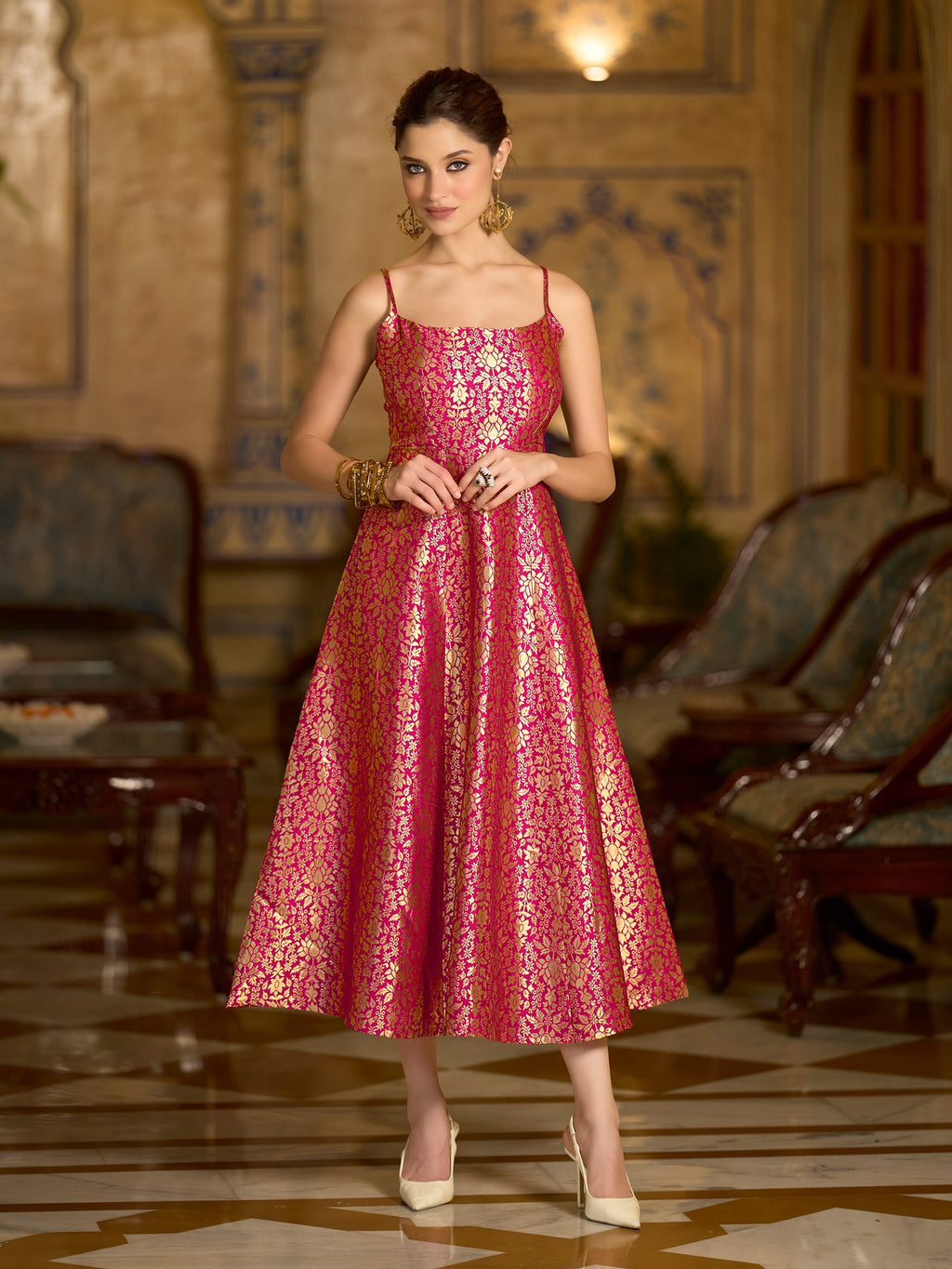 Monjolika Fashion Pink Jacquard Zari Weaving A-Line Dress for Women | Grocsy