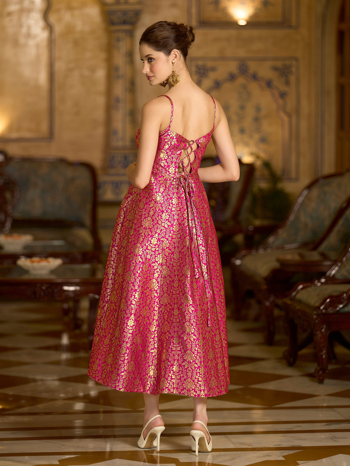 Monjolika Fashion Pink Jacquard Zari Weaving A-Line Dress for Women | Grocsy