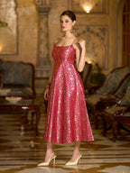 Monjolika Fashion Pink Jacquard Zari Weaving A-Line Dress for Women | Grocsy