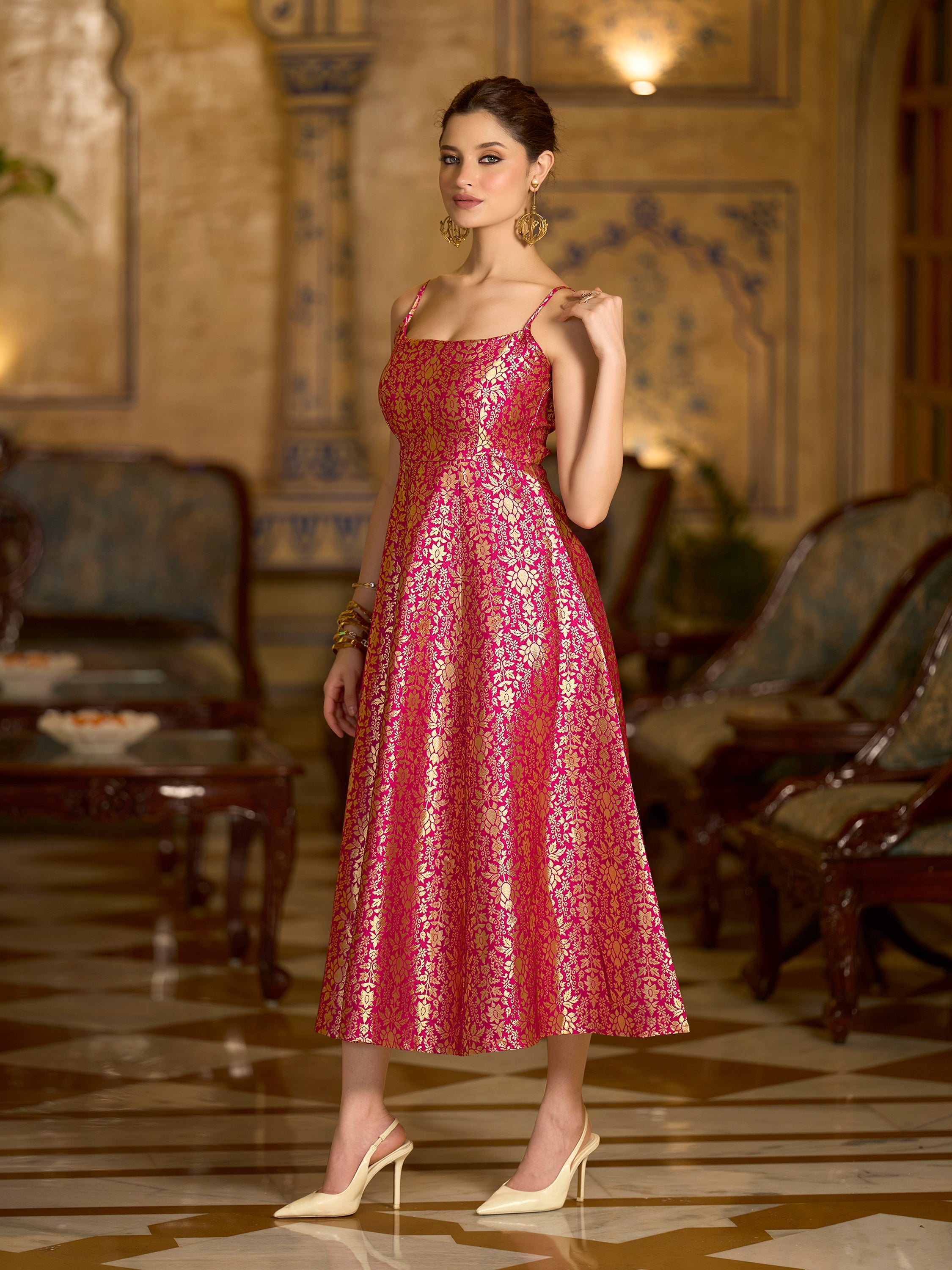 Monjolika Fashion Pink Jacquard Zari Weaving A-Line Dress for Women | Grocsy