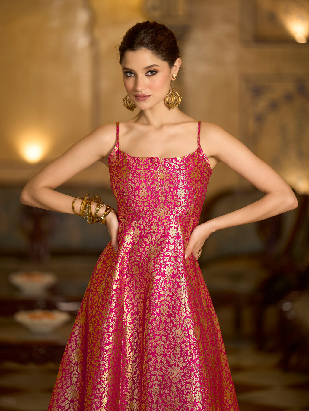 Monjolika Fashion Pink Jacquard Zari Weaving A-Line Dress for Women | Grocsy