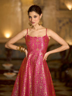 Monjolika Fashion Pink Jacquard Zari Weaving A-Line Dress for Women | Grocsy