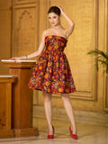 Monjolika Fashion Maroon Floral Weaving Zari Jacquard Strapless Mini Dress | Grocsy