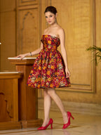 Monjolika Fashion Maroon Floral Weaving Zari Jacquard Strapless Mini Dress | Grocsy