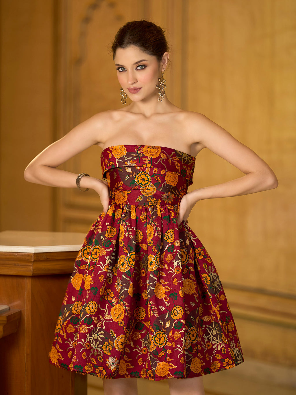 Monjolika Fashion Maroon Floral Weaving Zari Jacquard Strapless Mini Dress | Grocsy