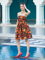 Monjolika Fashion Black Floral Weaving Zari Jacquard Strapless Mini Dress | Grocsy