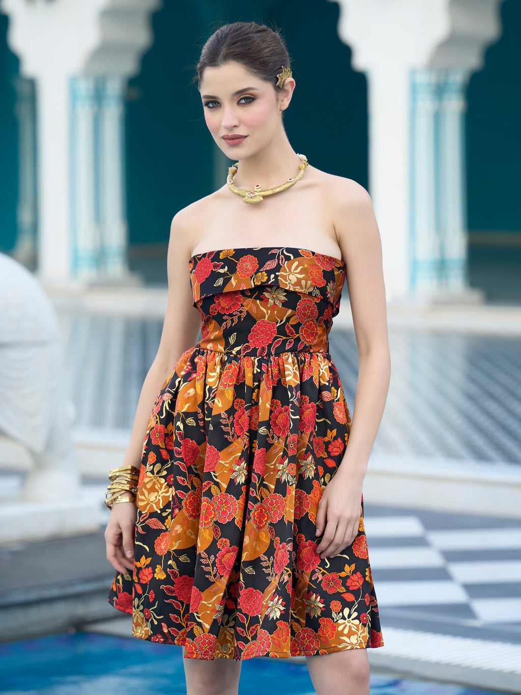 Monjolika Fashion Black Floral Weaving Zari Jacquard Strapless Mini Dress | Grocsy