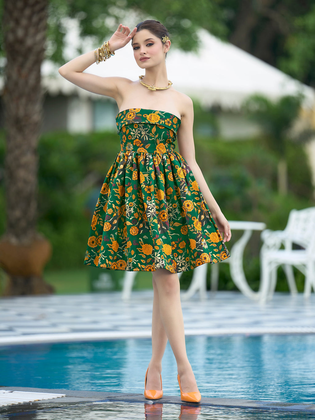 Monjolika Fashion Green Floral Weaving Zari Jacquard Strapless Mini Dress | Grocsy