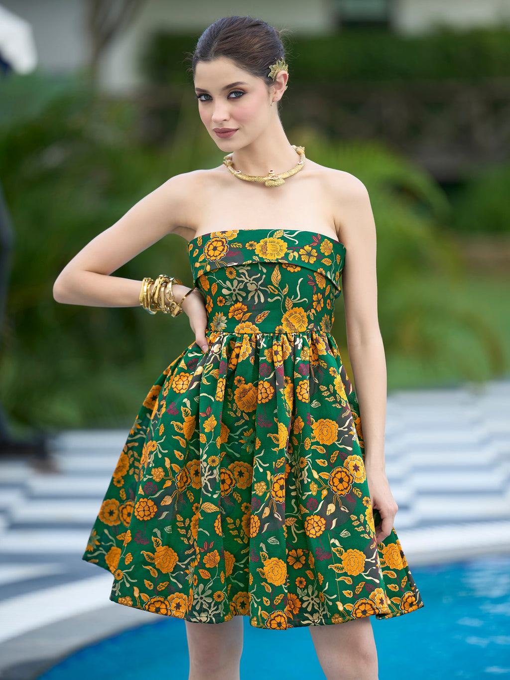 Monjolika Fashion Green Floral Weaving Zari Jacquard Strapless Mini Dress | Grocsy