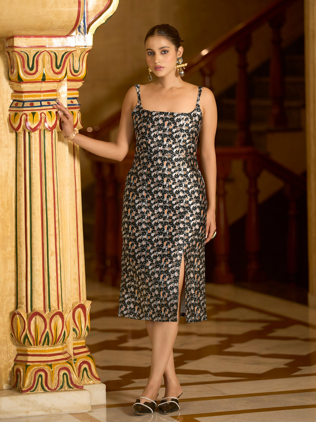 Monjolika Fashion Black Floral Weaving Zari Jacquard Bodycon Midi Dress With Slit Cut | Grocsy