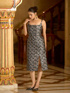 Monjolika Fashion Black Floral Weaving Zari Jacquard Bodycon Midi Dress With Slit Cut | Grocsy