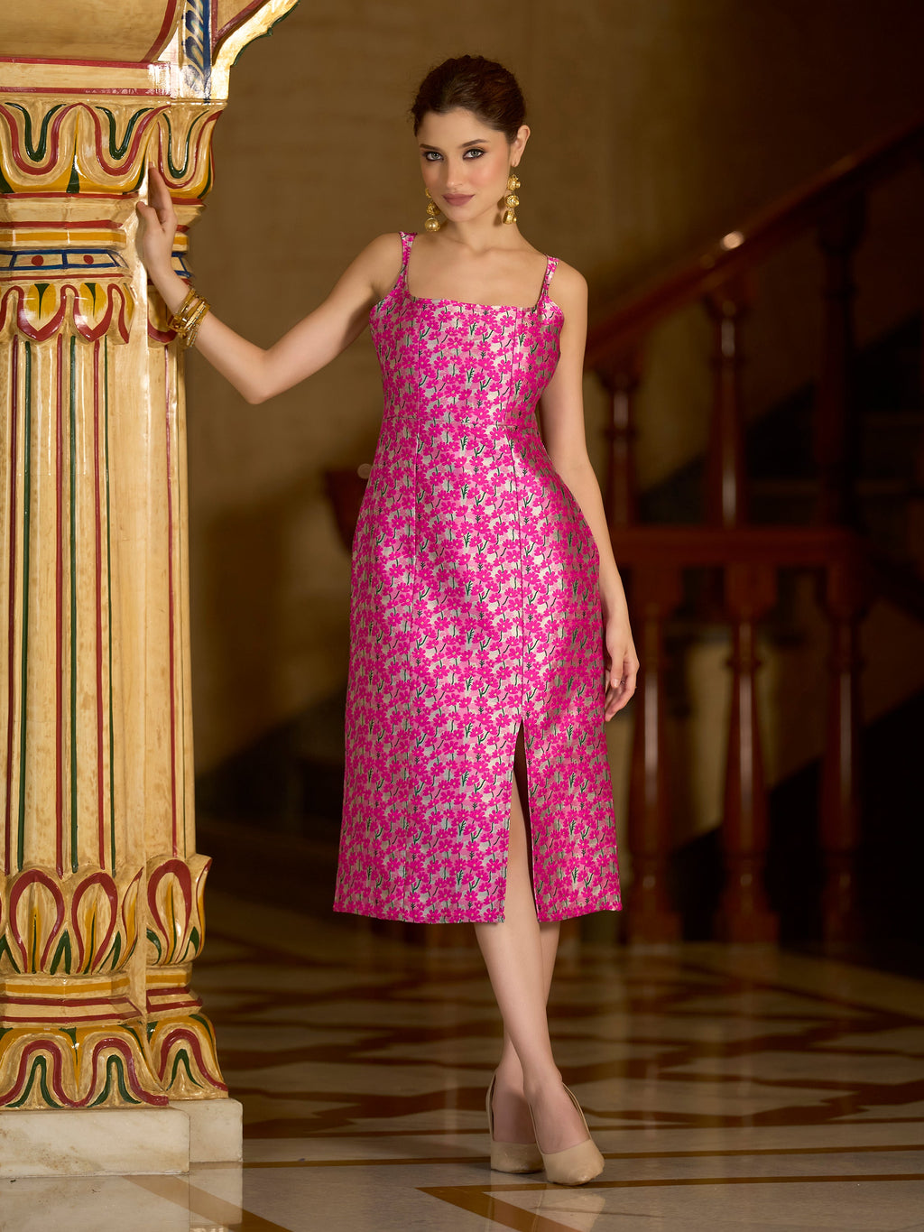 Monjolika Fashion Pink Floral Weaving Zari Jacquard Bodycon Midi Dress With Slit Cut | Grocsy