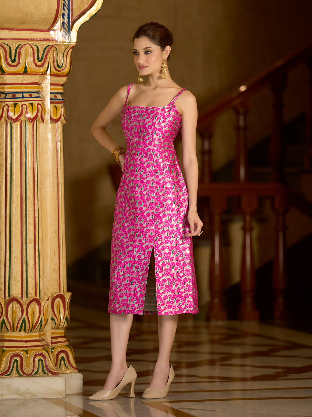 Monjolika Fashion Pink Floral Weaving Zari Jacquard Bodycon Midi Dress With Slit Cut | Grocsy
