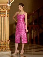 Monjolika Fashion Pink Floral Weaving Zari Jacquard Bodycon Midi Dress With Slit Cut | Grocsy