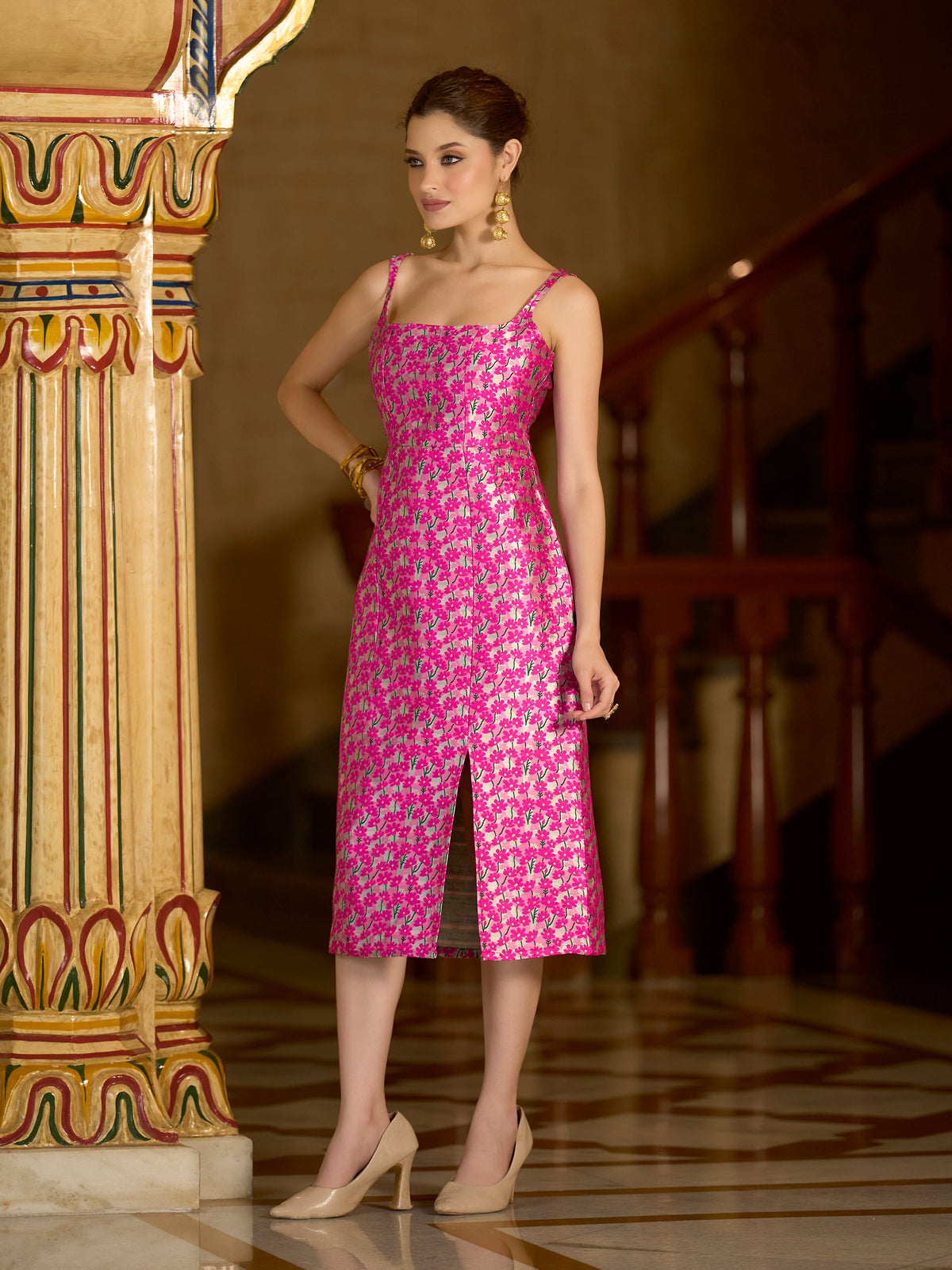Monjolika Fashion Pink Floral Weaving Zari Jacquard Bodycon Midi Dress With Slit Cut | Grocsy