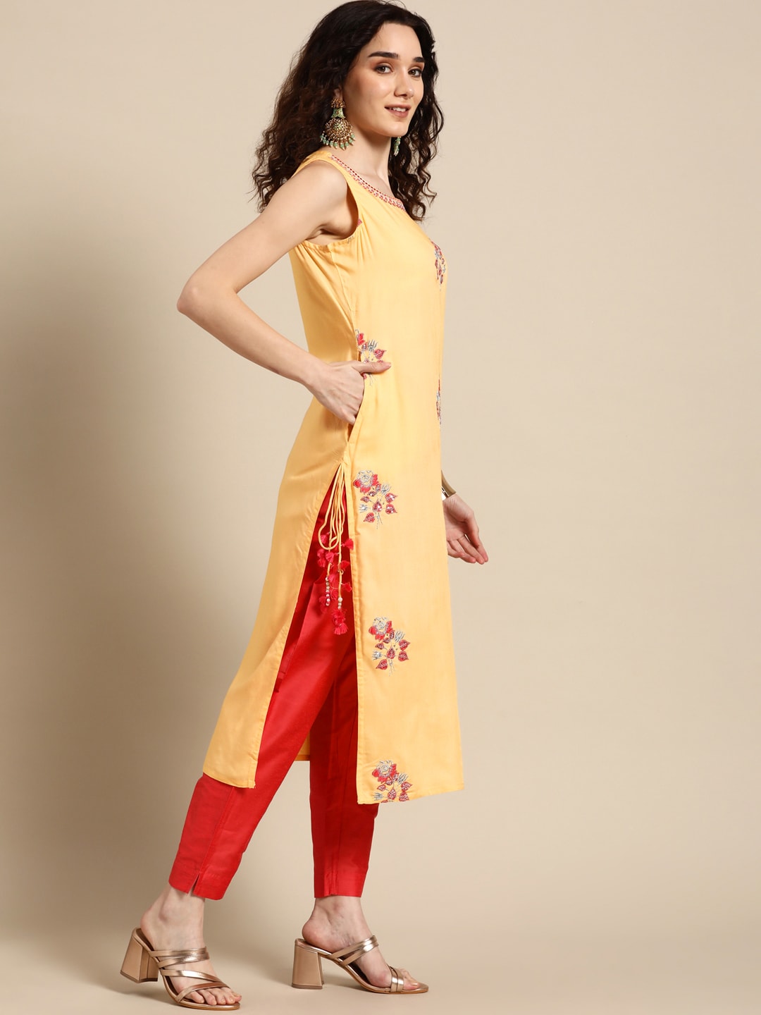 Sangria Women Yellow Floral Embroidered Sequinned Kurta with Trousers | Grocsy