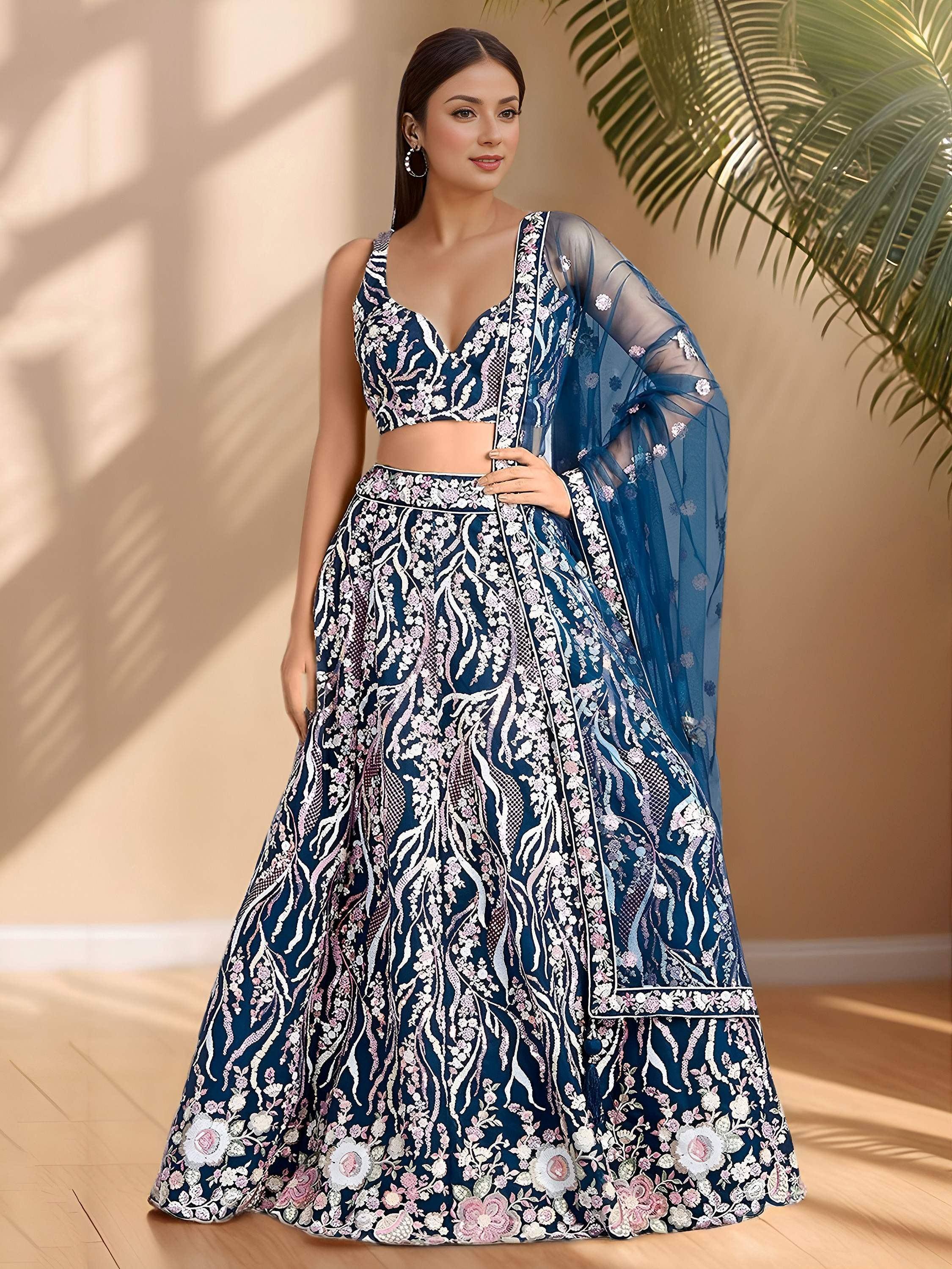 Tulsi Art Astonishing Blue Sequins Net Party Wear Lehenga Choli With Dupatta | Grocsy