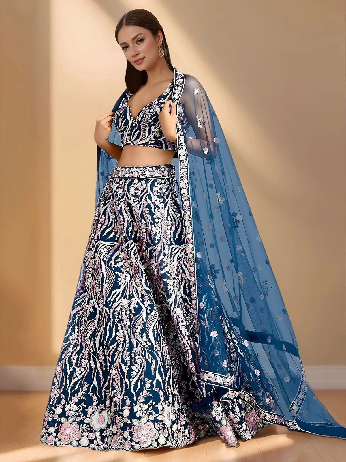 Tulsi Art Astonishing Blue Sequins Net Party Wear Lehenga Choli With Dupatta | Grocsy