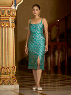 Monjolika Fashion Teal Floral Weaving Zari Jacquard Bodycon Midi Dress With Slit Cut | Grocsy