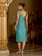 Monjolika Fashion Teal Floral Weaving Zari Jacquard Bodycon Midi Dress With Slit Cut | Grocsy