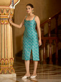 Monjolika Fashion Teal Floral Weaving Zari Jacquard Bodycon Midi Dress With Slit Cut | Grocsy