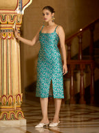 Monjolika Fashion Teal Floral Weaving Zari Jacquard Bodycon Midi Dress With Slit Cut | Grocsy