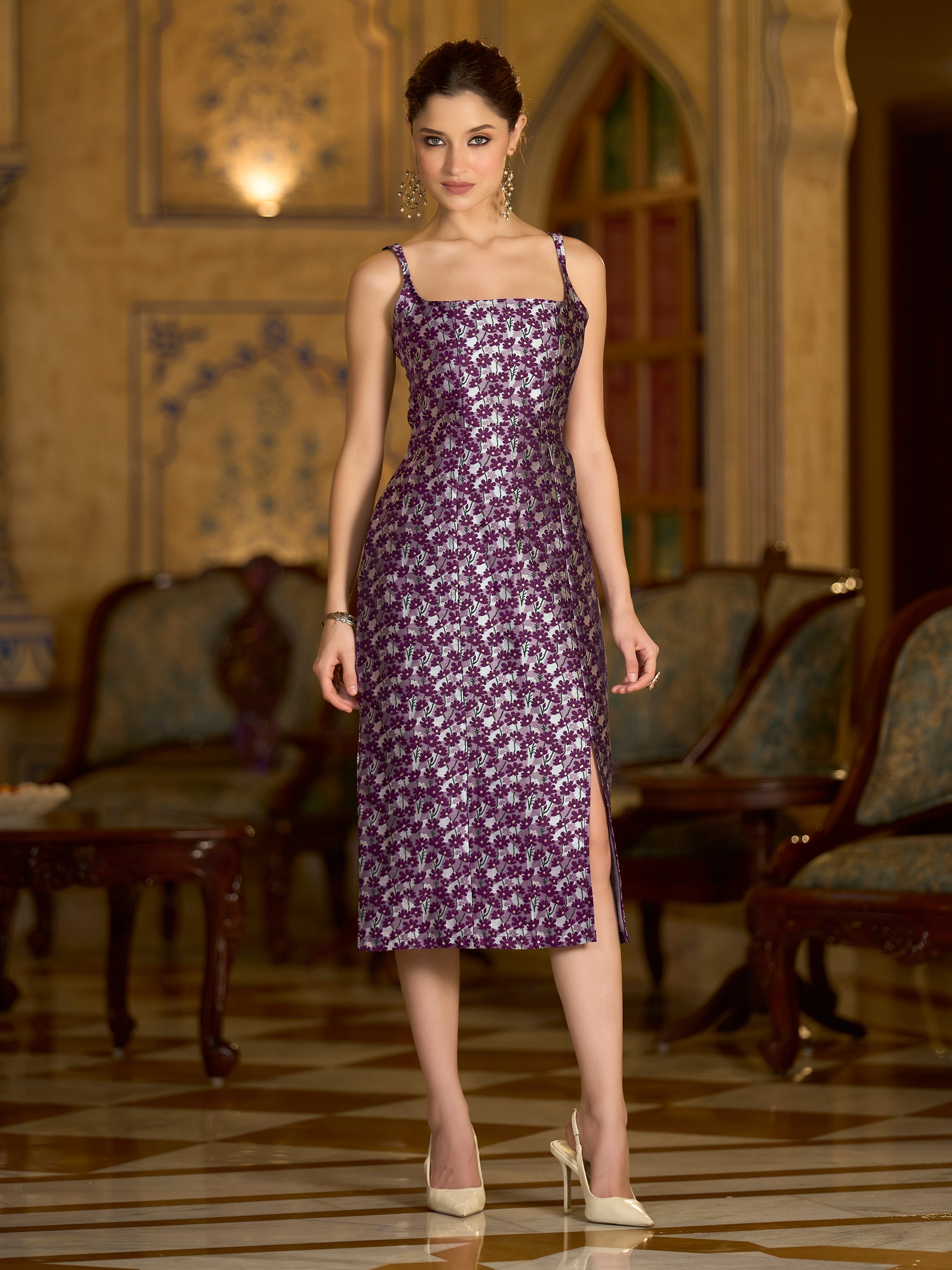 Monjolika Fashion Wine Floral Weaving Zari Jacquard Bodycon Midi Dress With Slit Cut | Grocsy