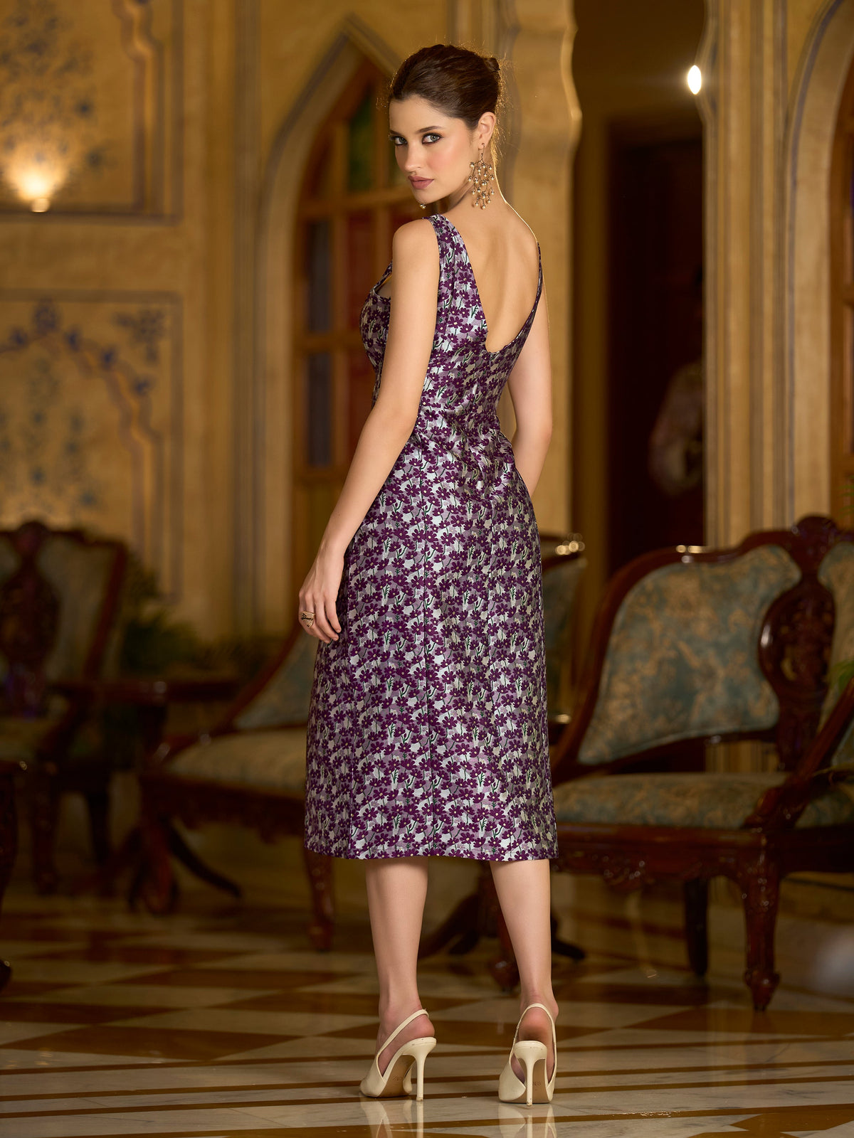 Monjolika Fashion Wine Floral Weaving Zari Jacquard Bodycon Midi Dress With Slit Cut | Grocsy