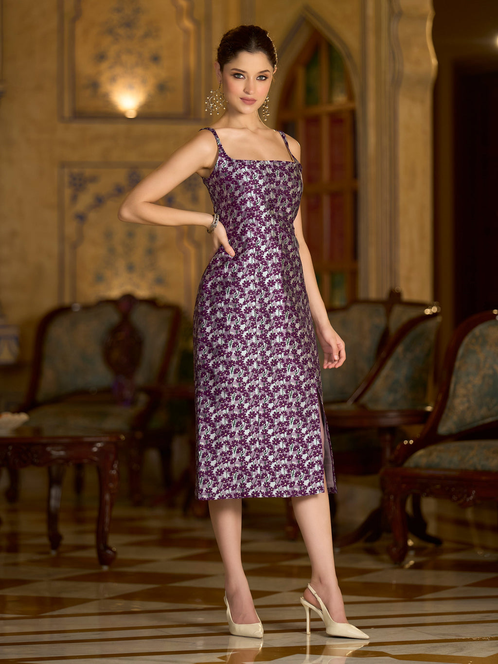 Monjolika Fashion Wine Floral Weaving Zari Jacquard Bodycon Midi Dress With Slit Cut | Grocsy