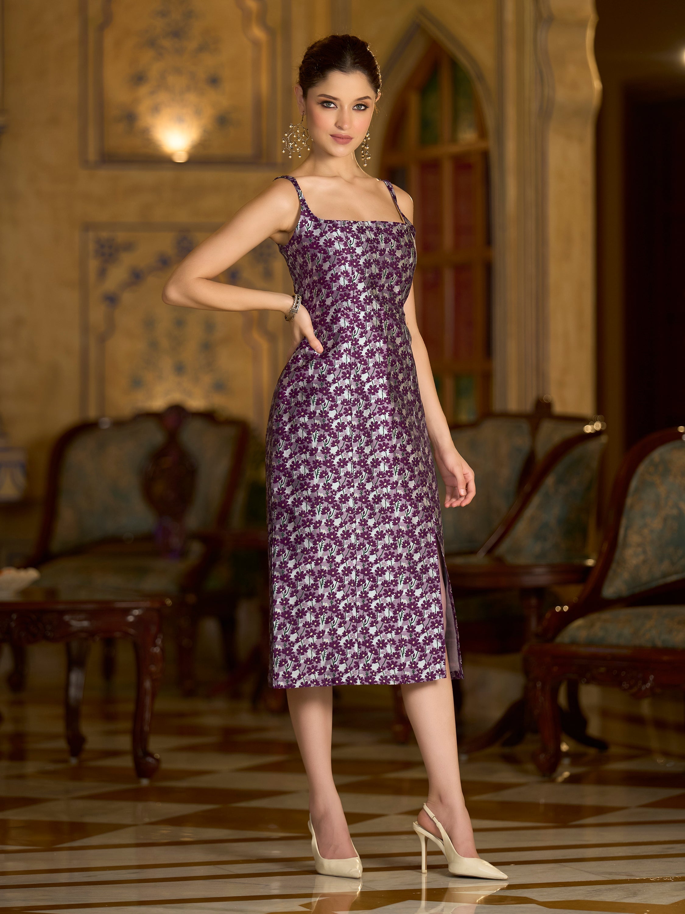 Monjolika Fashion Wine Floral Weaving Zari Jacquard Bodycon Midi Dress With Slit Cut | Grocsy