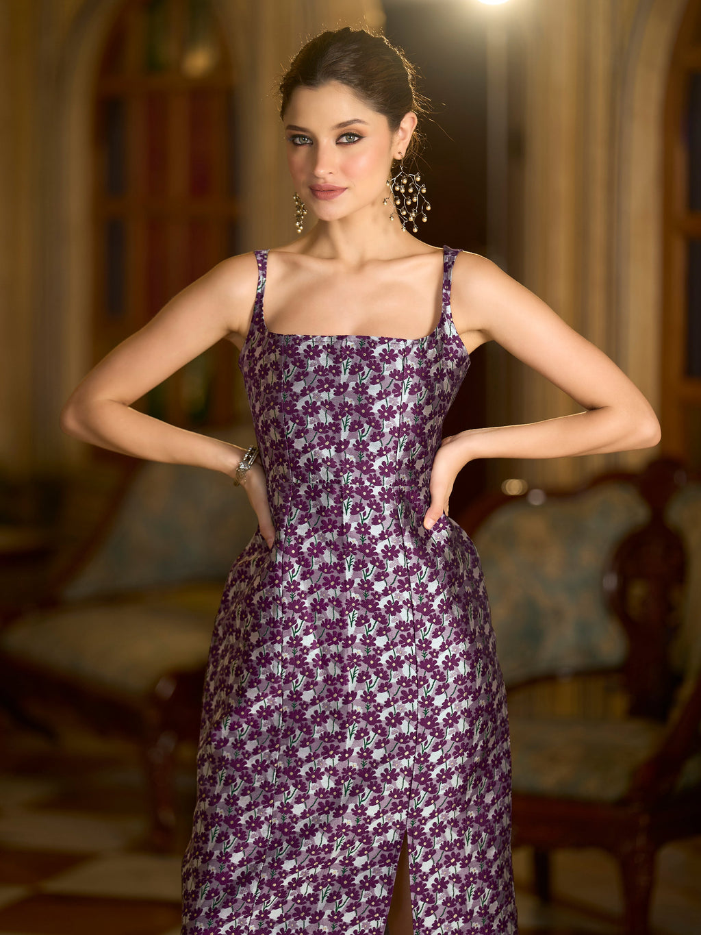 Monjolika Fashion Wine Floral Weaving Zari Jacquard Bodycon Midi Dress With Slit Cut | Grocsy