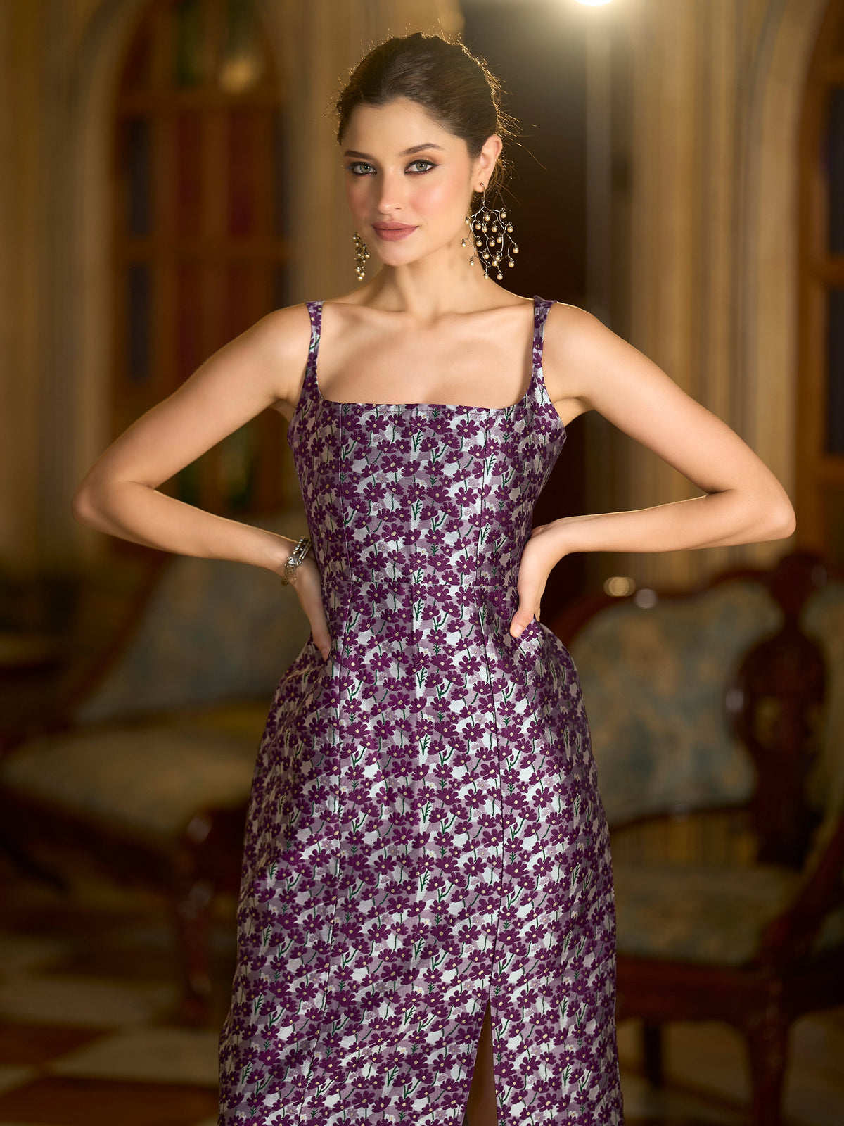 Monjolika Fashion Wine Floral Weaving Zari Jacquard Bodycon Midi Dress With Slit Cut | Grocsy